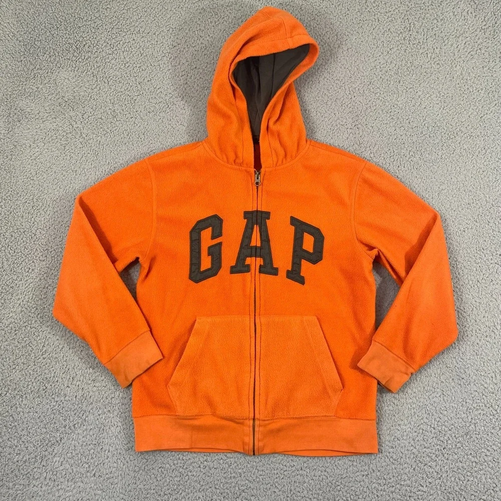 Gap Fleece Hoodie Kids XL(12) Orange Y2K Arch Logo Full Zip